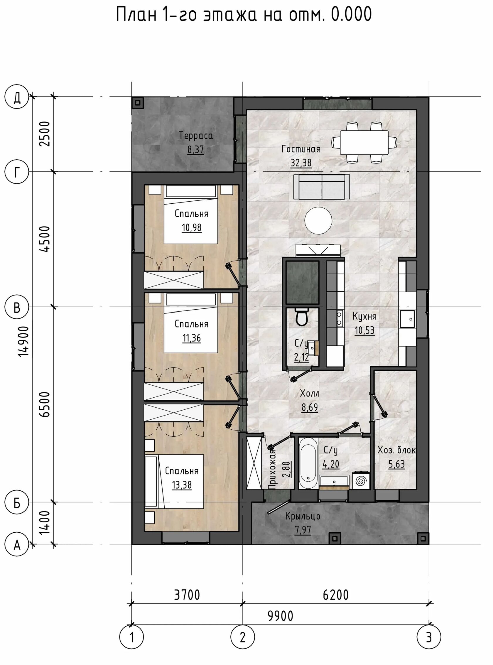 Планировка одноэтажного кирпичного дома с тремя спальнями, отдельной кухней и двумя санузлами