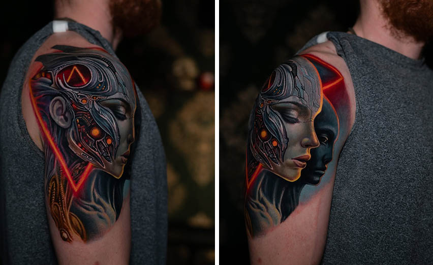 A biomechanical portrait tattoo cover-up of a girl, using deep shadows and neon, by Rinat Mingazdinov, Los Angeles, West Hollywood