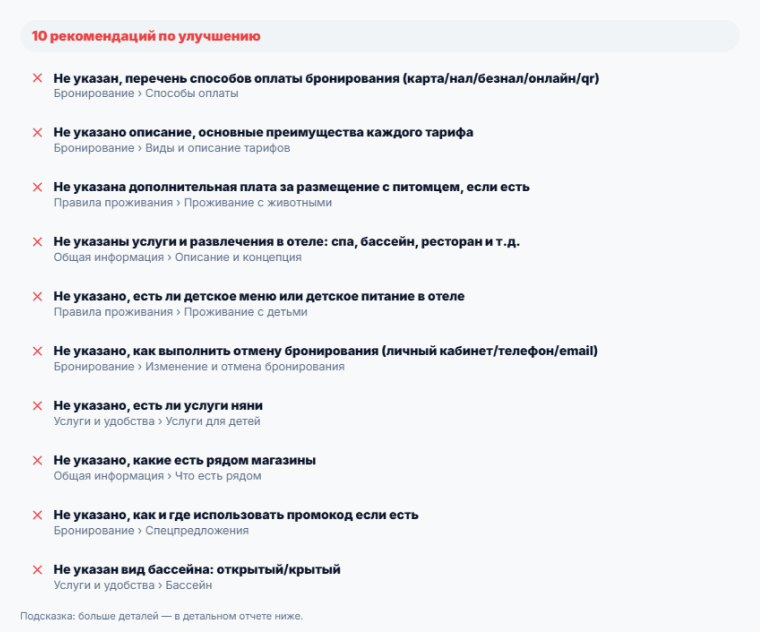 Блок «10 рекомендаций по улучшению» в ИИ-скоринге