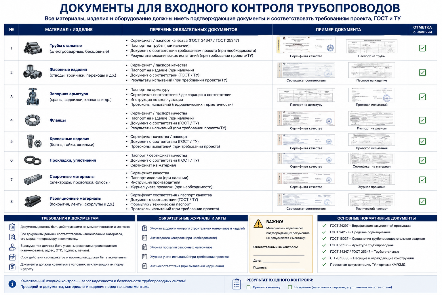 Документы для входного контроля трубопроводов