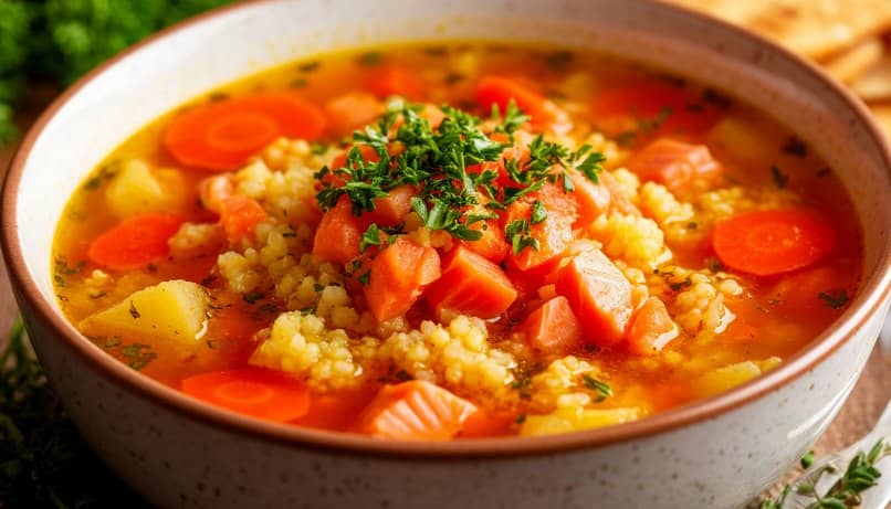 Уха из головы и хвоста форели с пшеном