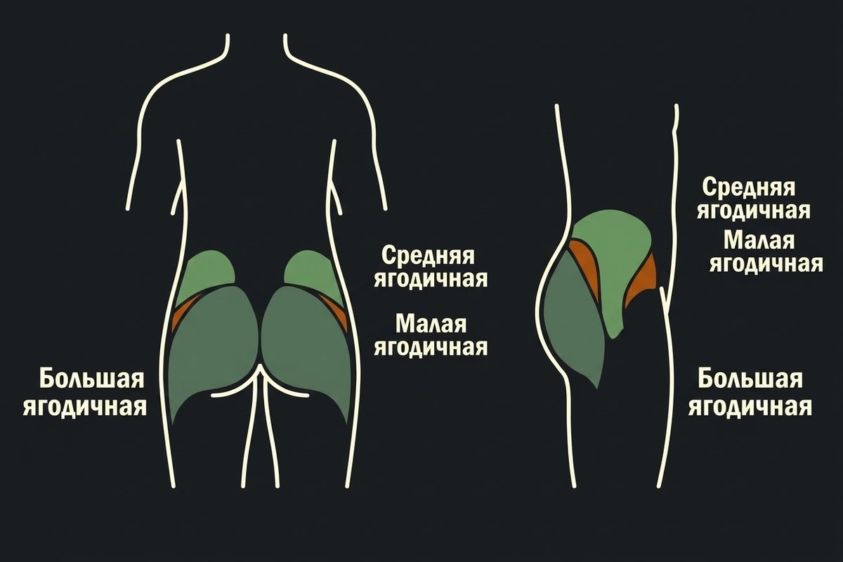 Схема: большая, средняя и малая ягодичные мышцы