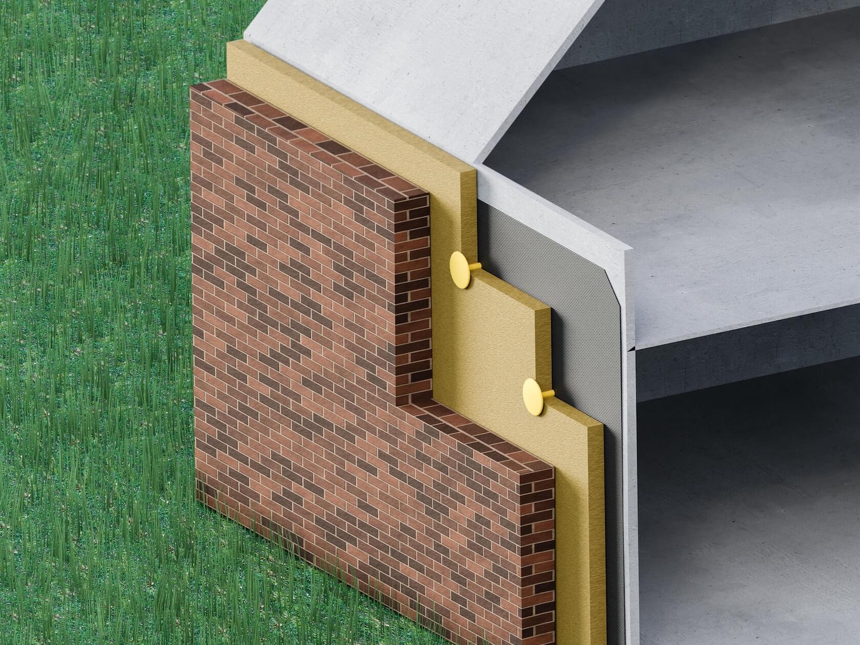 Схема узла стены с утеплителем и облицовкой клинкером. Видны слои: бетонное основание, утеплитель на дюбелях, армирование и наружная кладка, показано примыкание и последовательность монтажа.