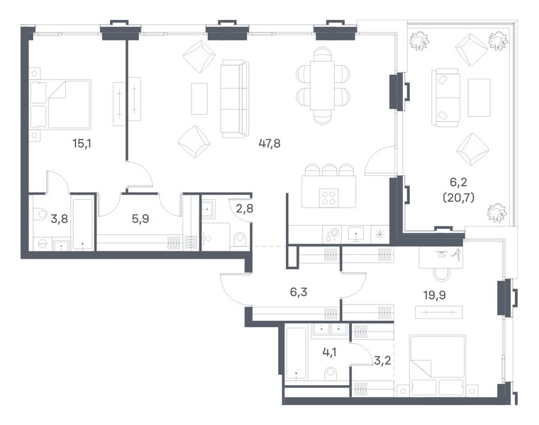 Планировка квартиры с 2 спальнями 115,1 м² в ЖК Portland: корпус 5, секция 1, 21-й этаж