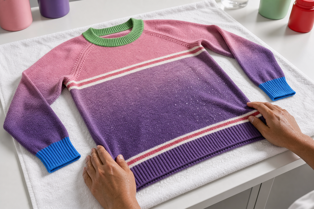 A sweater laid flat on a towel for drying, being gently reshaped by hands away from direct sunlight