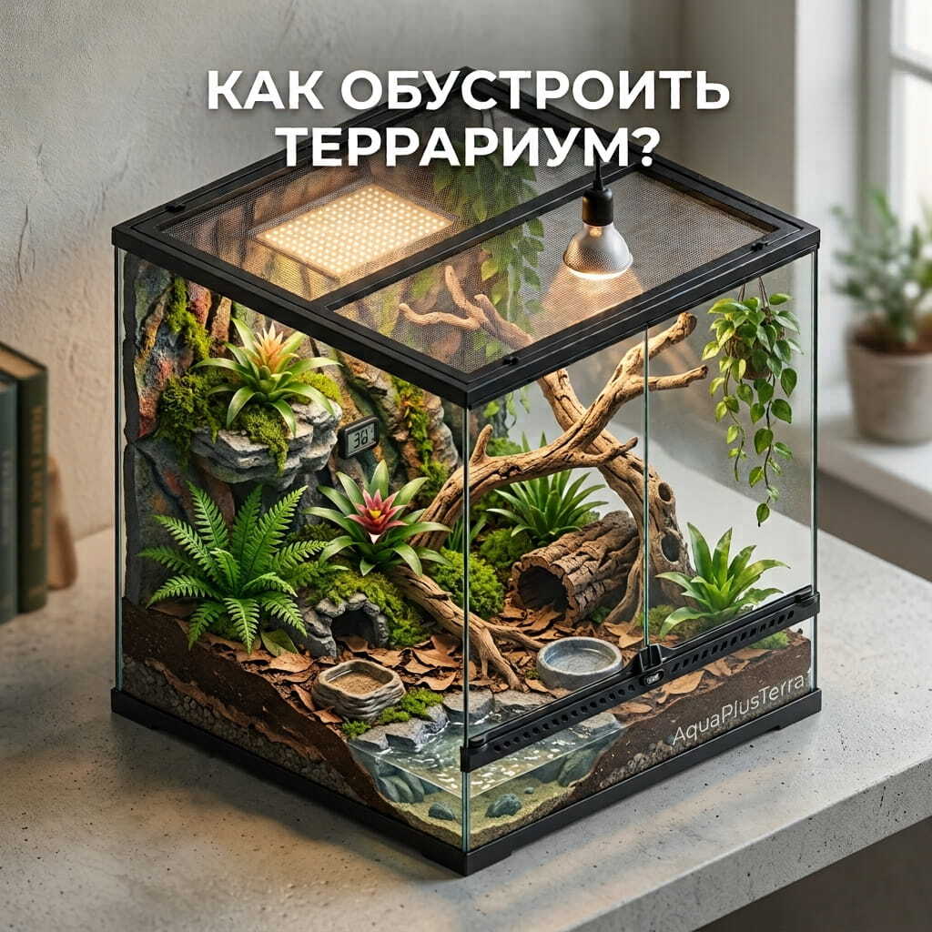 Фотореалистичный кубический стеклянный террариум, установленный на столе в светлом интерьере. Внутри создан естественный ландшафт с рельефным 3D-фоном, живыми растениями, мхом, корягами и поилкой. Наверху установлены светильники зонального освещения, слев