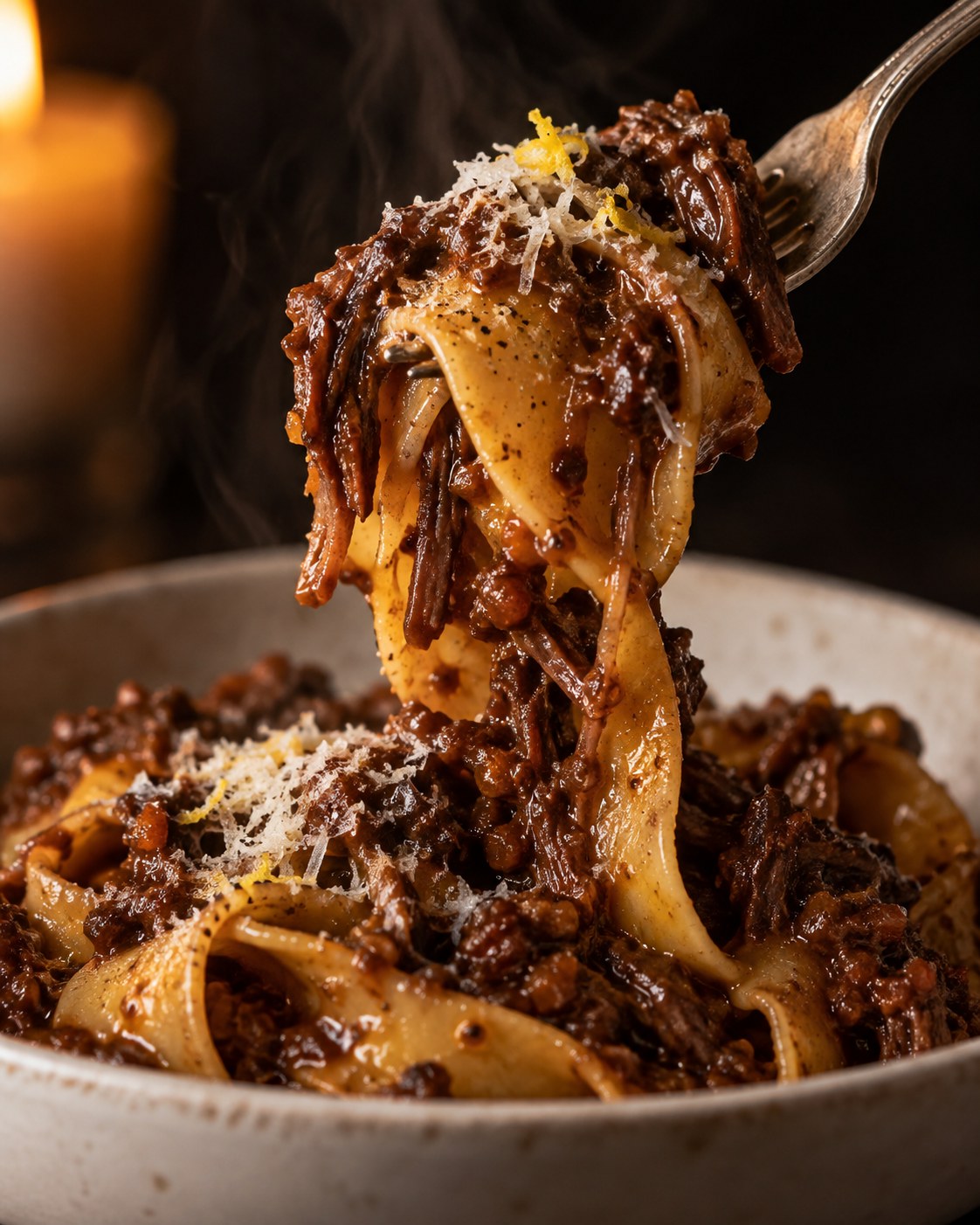 A fork lifting pappardelle coated in oxtail ragù with grated pecorino and lemon zest, close up