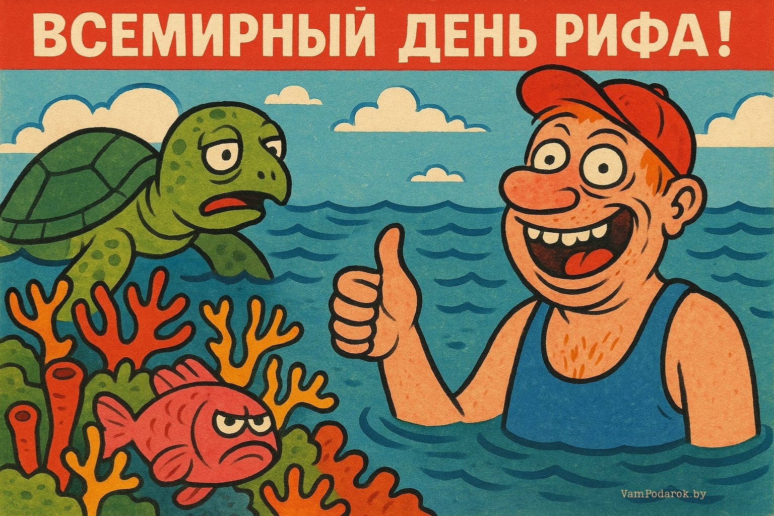 Всемирный день рифа - карикатурная открытка