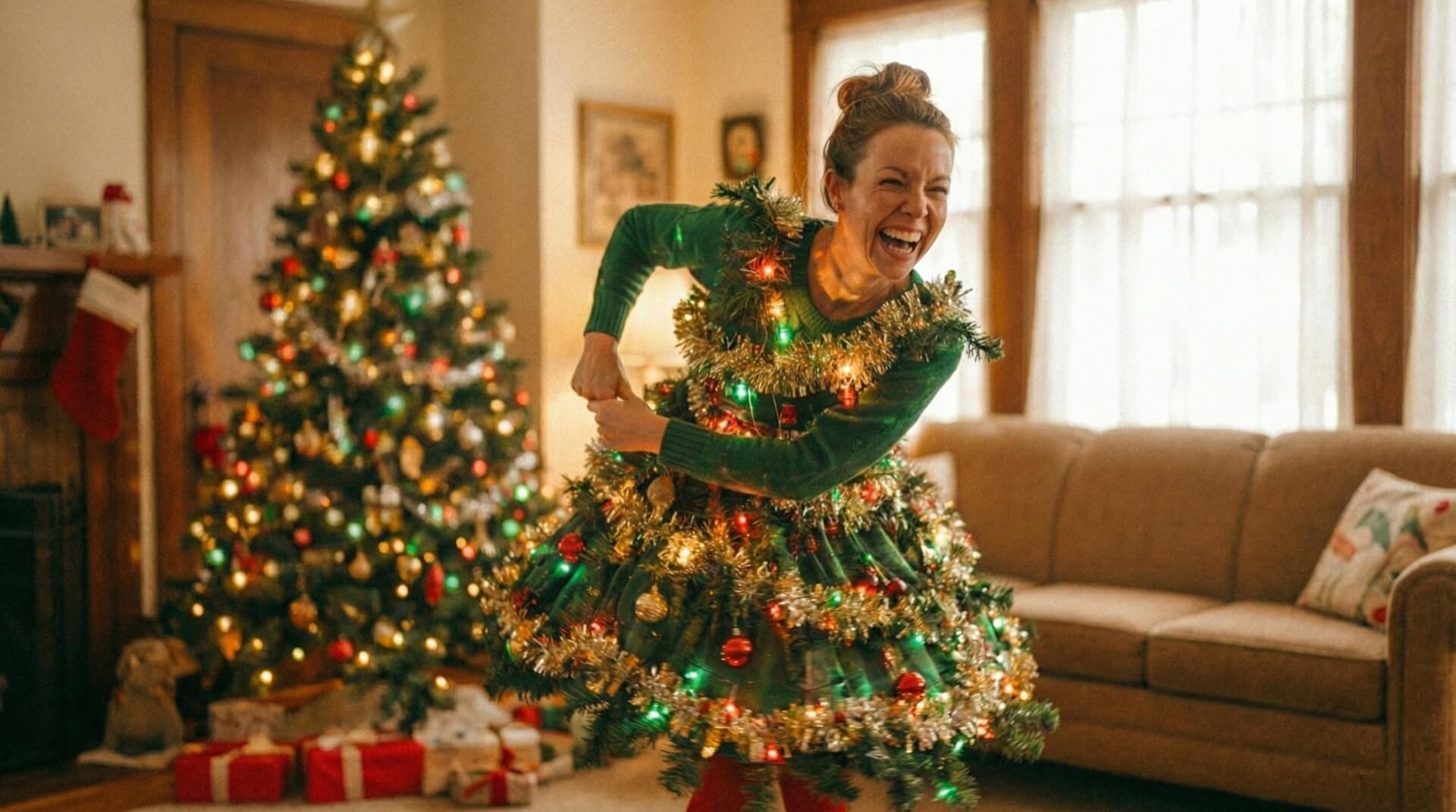 Мама в новогоднем фартуке и колпаке Деда Мороза смеется, держит тарелку оливье. Ретро-стиль, веселая кухня.