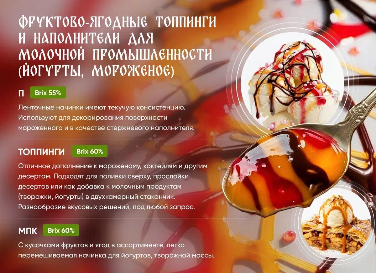 Слайд презентации «Одоевских консервов» о фруктово-ягодных топпингах и наполнителях для молочной промышленности: мороженое, ложка с топпингом, описание позиций и показатели Brix