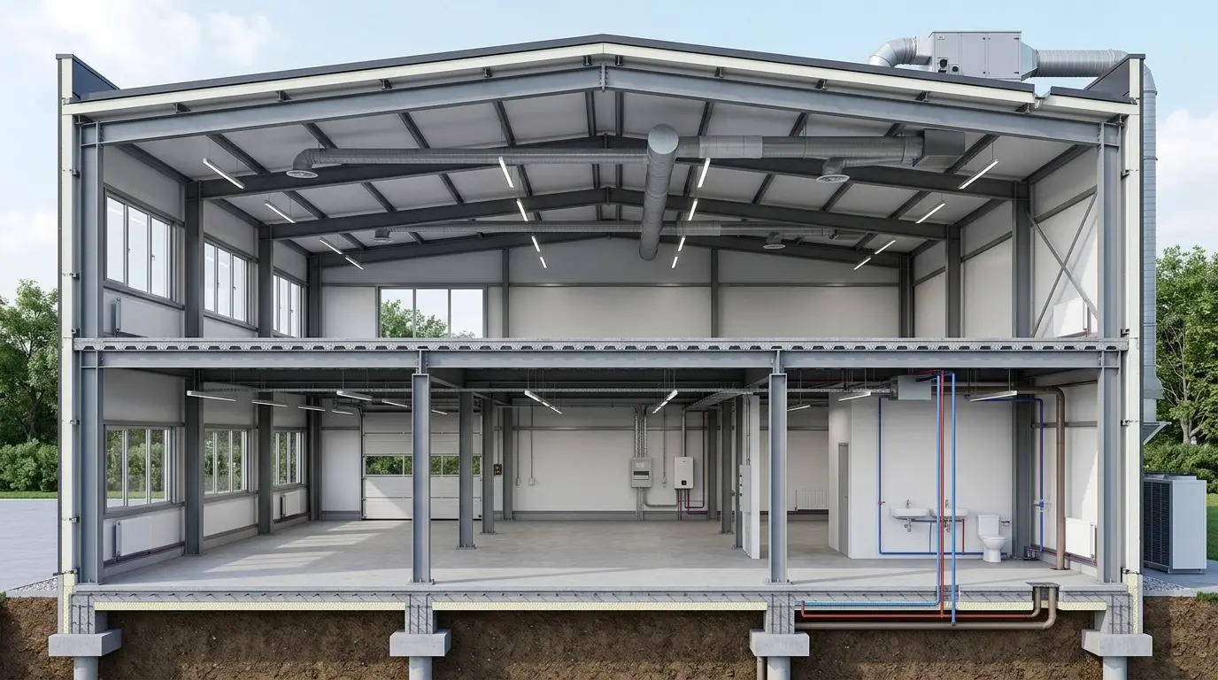 Двухэтажное здание на металлическом каркасе