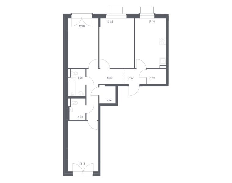 Планировка 3-комнатной квартиры 77,28 м² в ЖК «Квартал Западный»: корпус 6, секция 6, 7-й этаж