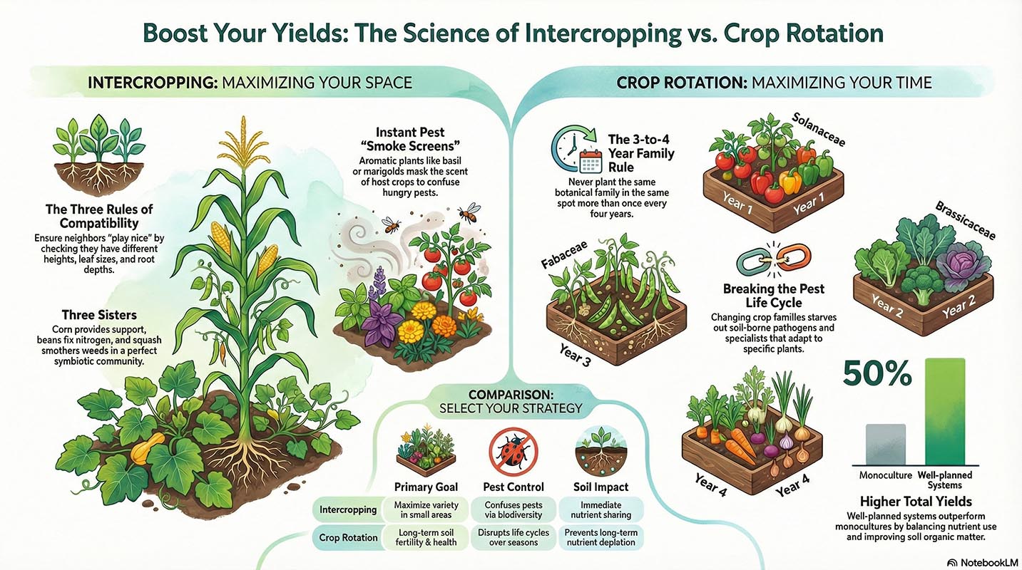 Illustration comparing intercropping and crop rotation techniques, featuring diverse plants like tomatoes, basil, corn, and squash, with captions about compatibility, pest control, and soil health, emphasizing organic gardening methods.