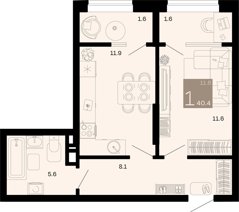 Однокомнатная квартира 40.4 м²