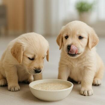 Кормление щенка по возрастам - два светлых щенка едят жидкую кашу из миски в домашнем интерьере