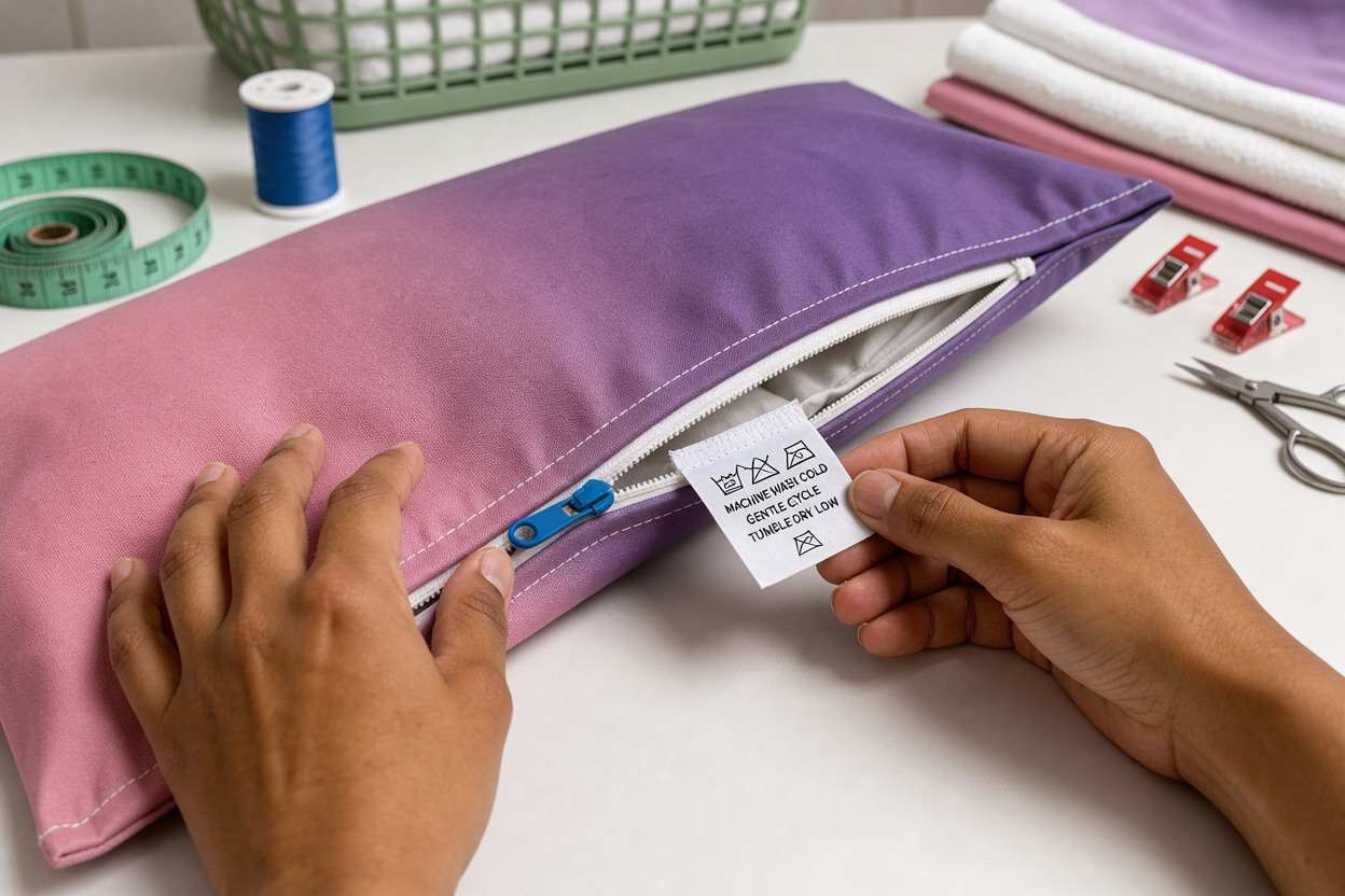 pair of hands unzipping a pillow cover and examining seams and care label on the fabric, indoor laundry scene