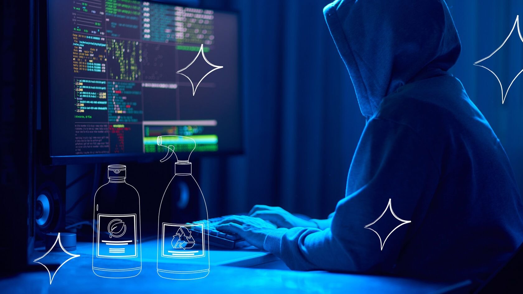 Сотрудник за компьютером — иллюстрация развития цифровых и технических навыков в клининговой индустрии.