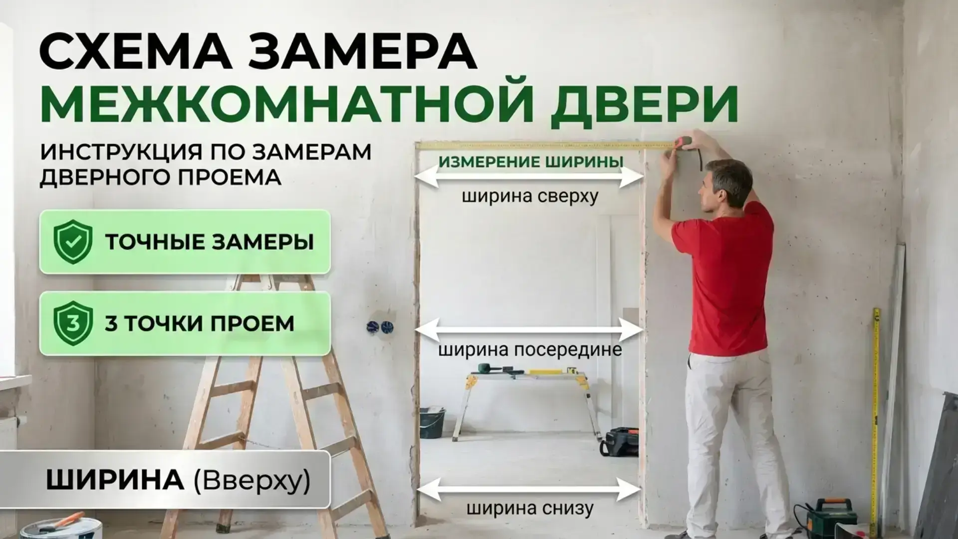 Схема замера ширины дверного проёма в трёх точках: сверху, посередине, снизу