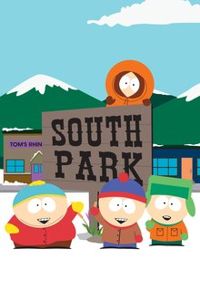 South Park — постер мультсериала с четырьмя главными героями: Картманом, Стэном, Кайлом и Кенни на фоне заснеженного городка
