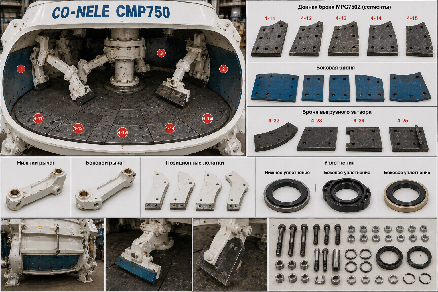 Планетарный бетоносмеситель CO-NELE CMP750 с донной бронёй, рычагами и рабочими органами внутри чаши