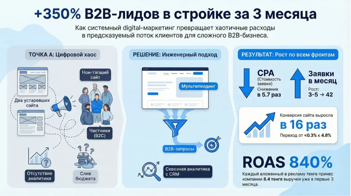 Инфографика: +350% B2B-лидов в стройке за 3 месяца