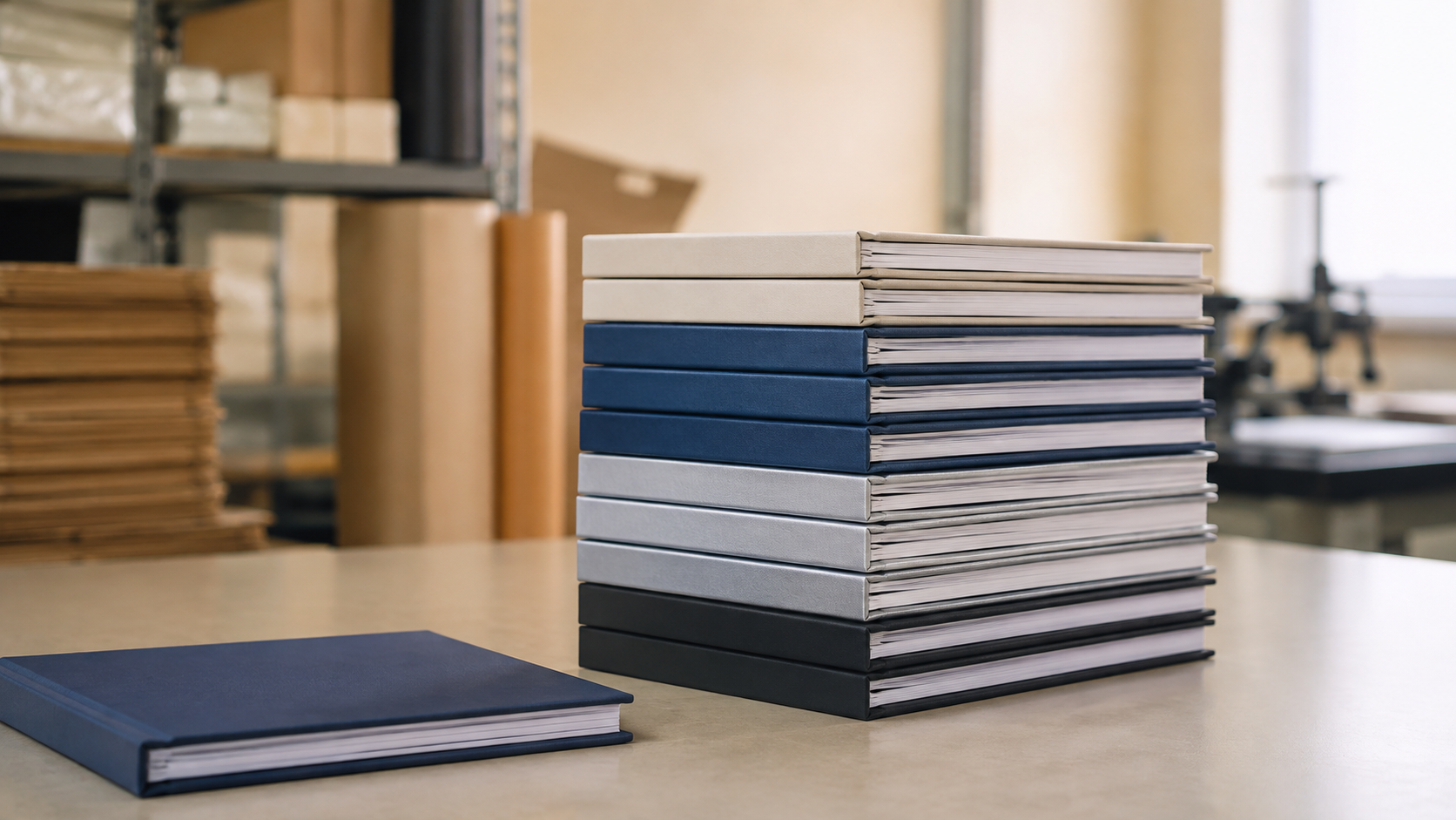 Stack of books in print workshop
