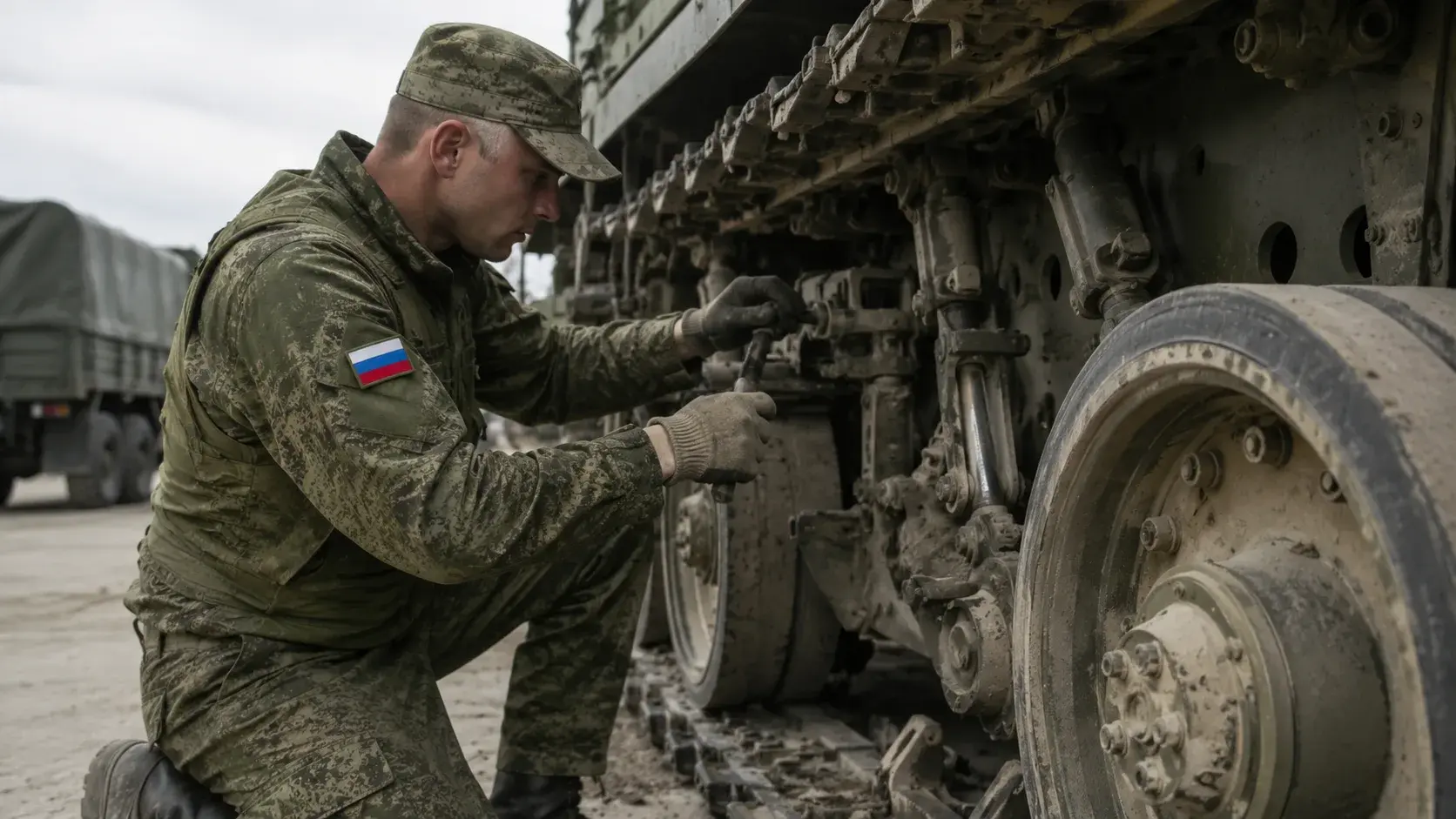 Механик-водитель обслуживает ходовую часть военной техники