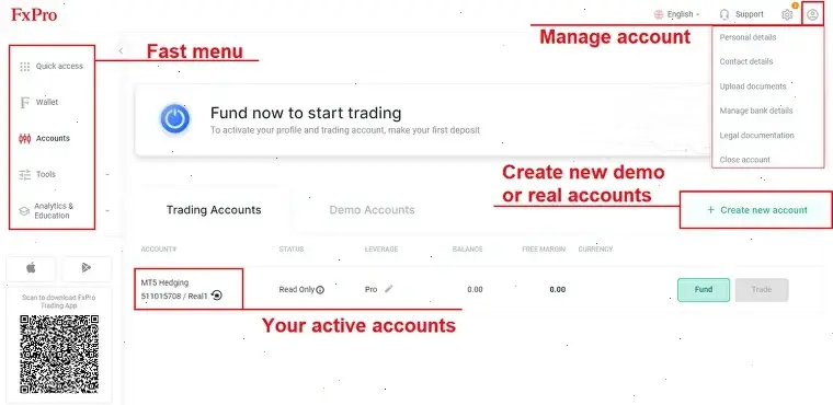 FxPro manage account