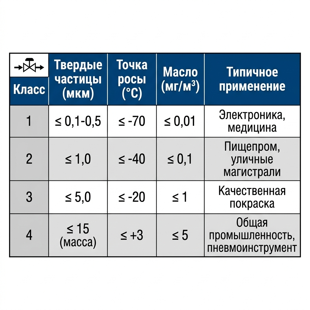 Таблица классов чистоты сжатого воздуха по ГОСТ Р ИСО 8573-1-2016: параметры твердых частиц, точки росы и содержания масла для классов 1, 2, 3 и 4