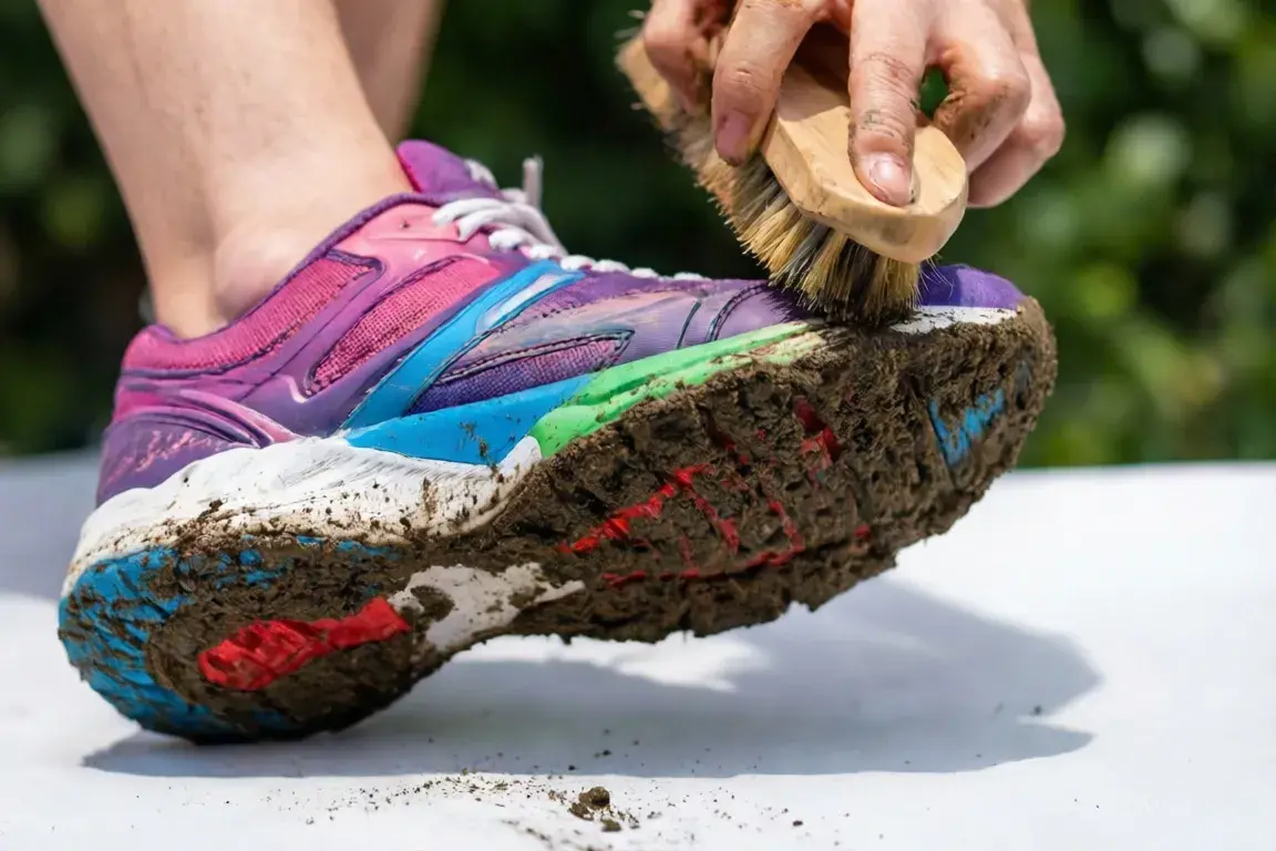 close-up of a person brushing off mud from the sole of a sneaker with a soft brush, outdoor background, focus on shoe texture and dirt removal