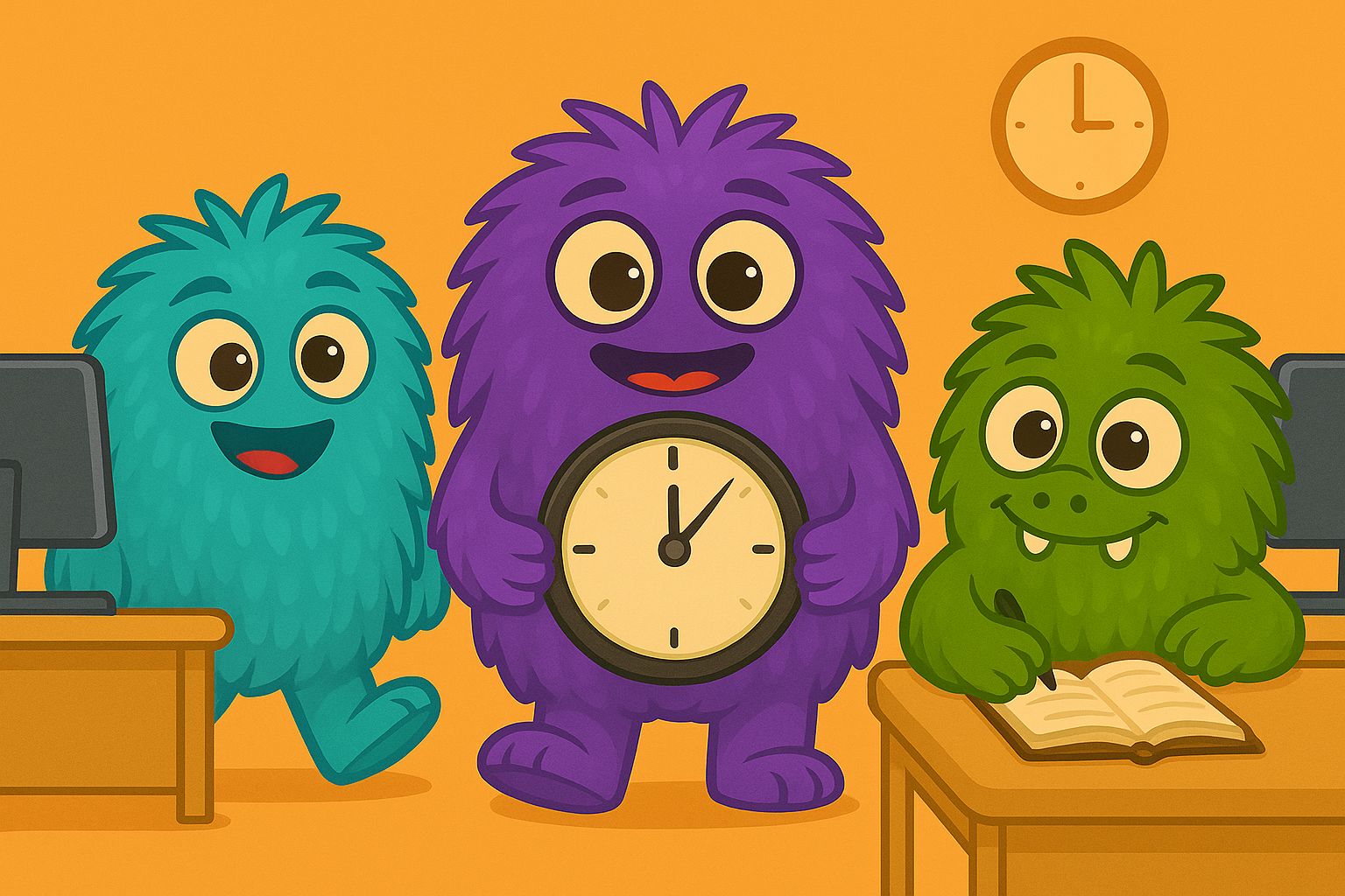 Cartoon illustration of international students working part-time in Russia — one holding a clock, another at a computer, and one studying at a desk