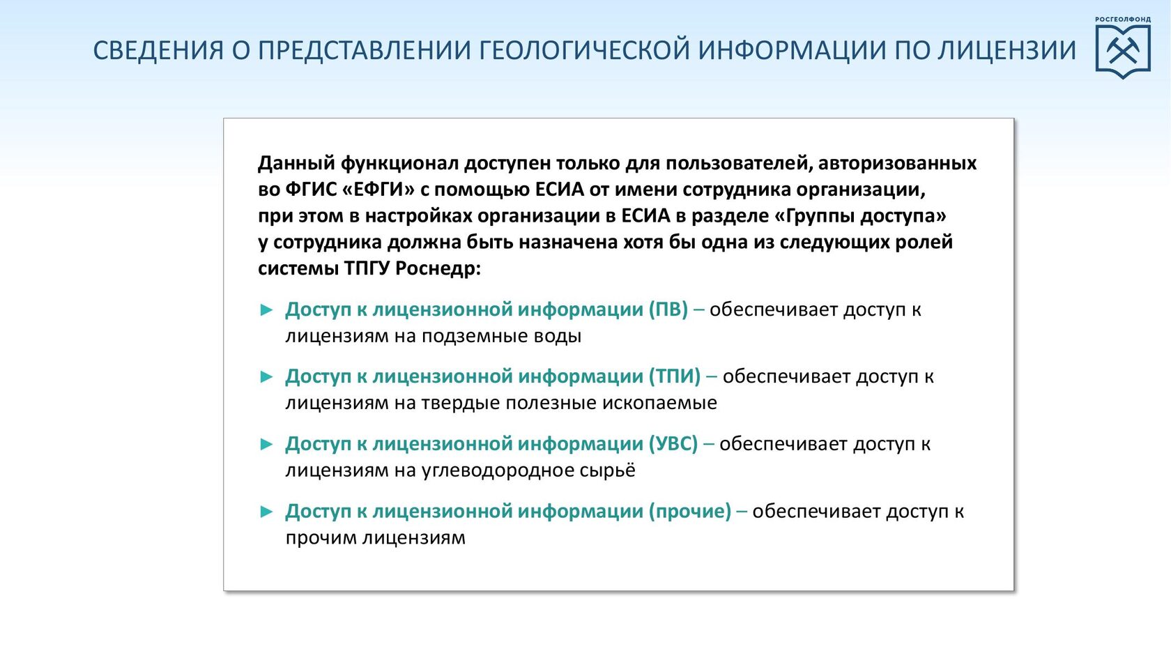 Роли доступа к лицензионной информации в ЕСИА: ПВ, ТПИ, УВС и прочие