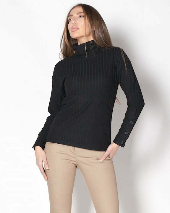 Черен дамски пуловер с поло яка и дълъг ръкав, подходящ за пролет, есен и зима