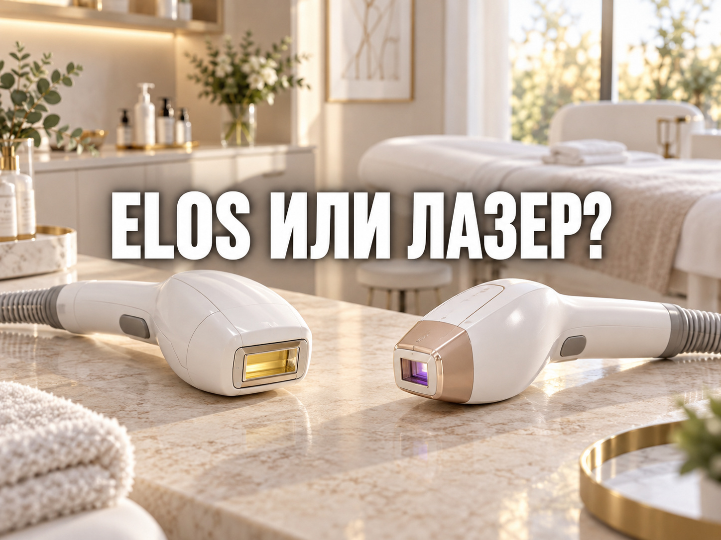 Две световые манипулы на столе косметологического кабинета; по центру крупная фраза «ELOS ИЛИ ЛАЗЕР?»