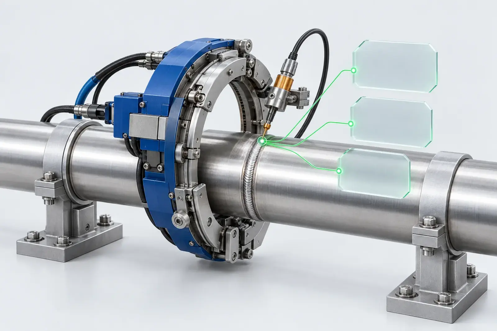 Concept illustration of a pipe joint, welding equipment and linked inspection documents.