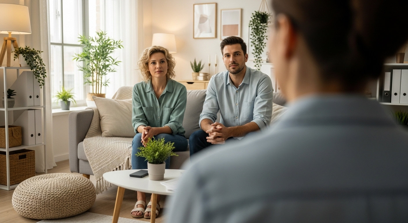 Пара на консультации семейного психолога в кабинете психотерапии работающая над преодолением кризиса в отношениях методом Позитивной Психотерапии