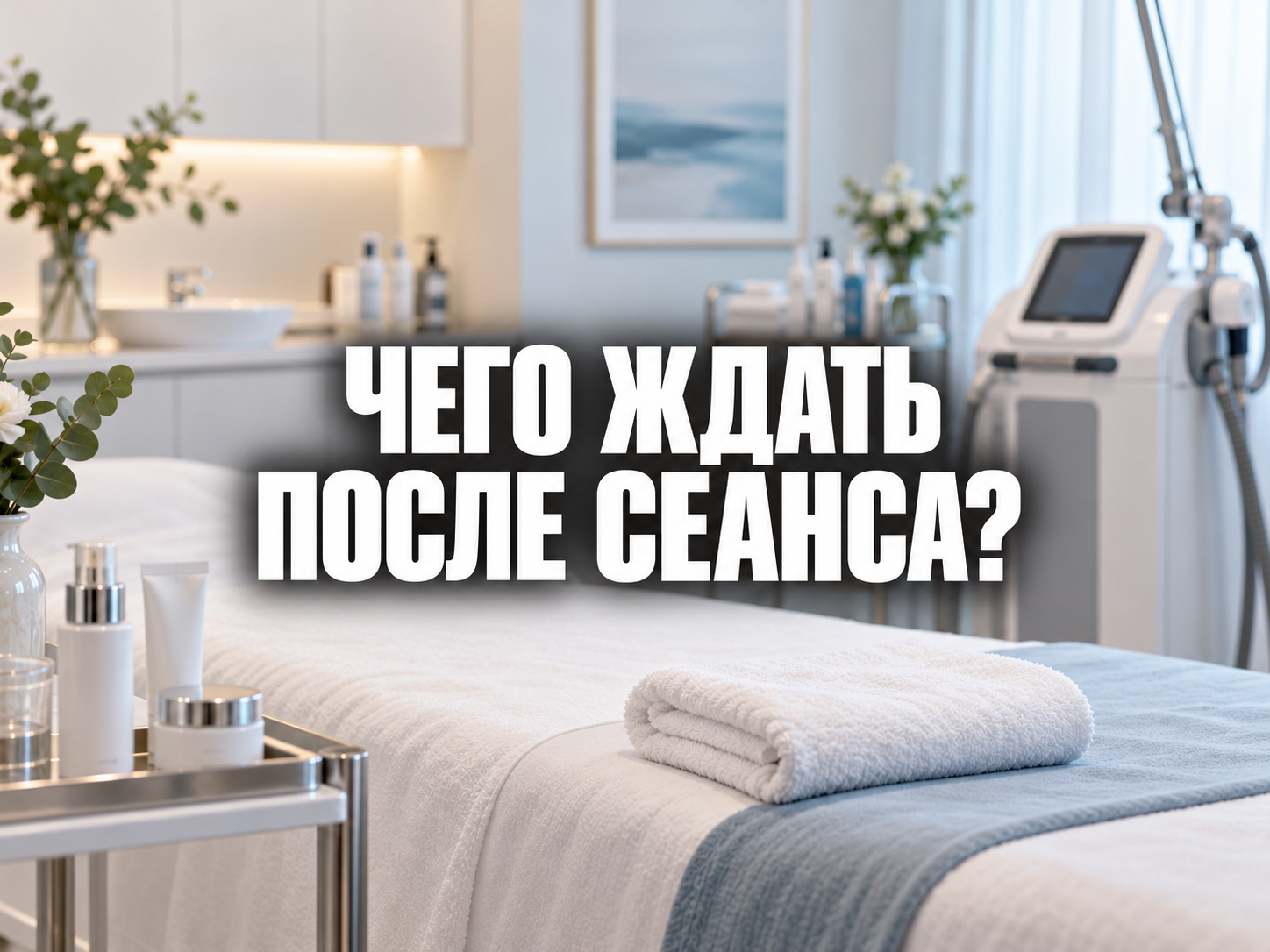 Кабинет после сеанса лазерной эпиляции с полотенцем и средствами ухода; по центру фраза «ЧЕГО ЖДАТЬ ПОСЛЕ СЕАНСА?»