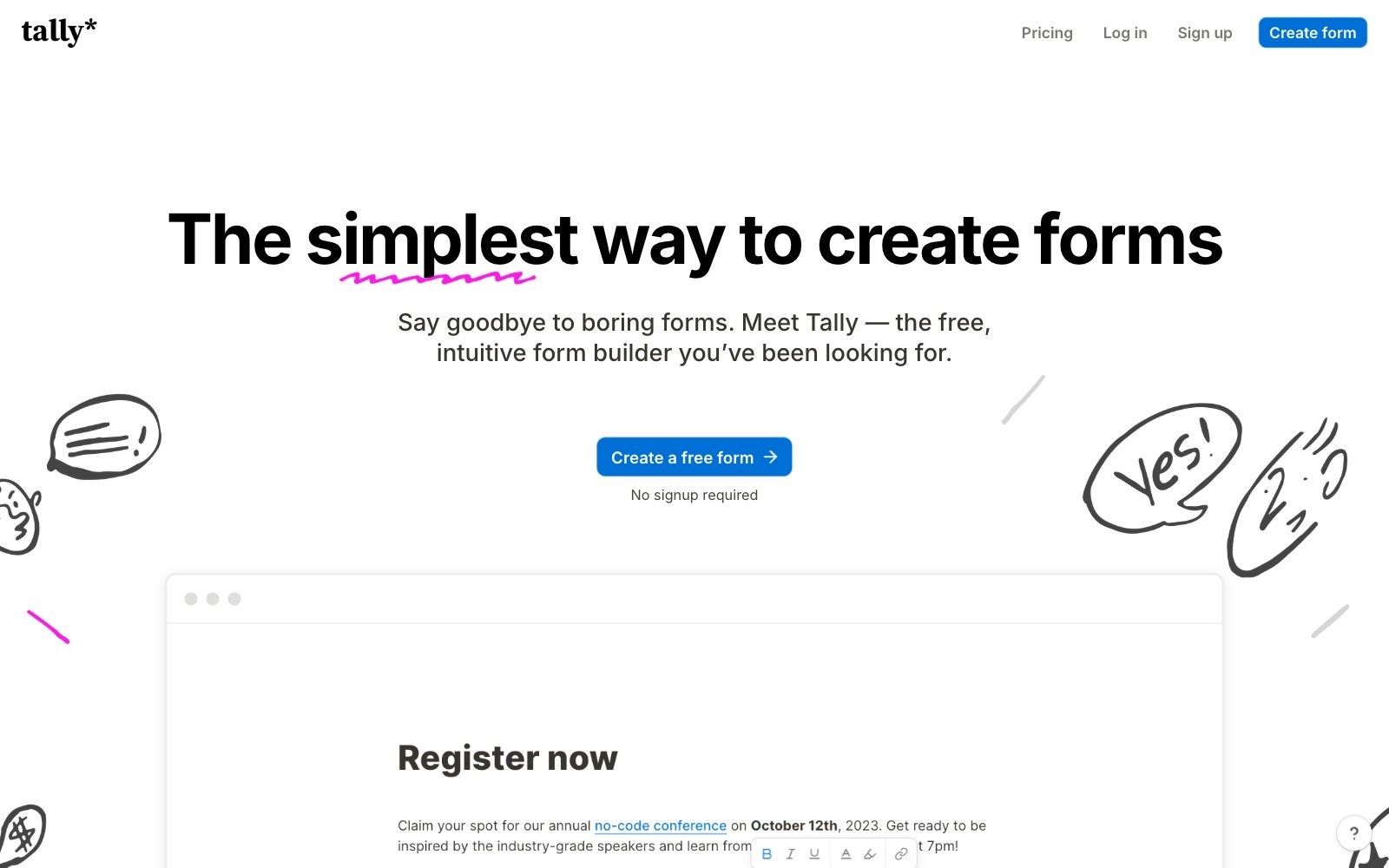 Tally homepage screenshot: form builder with a free AI form builder