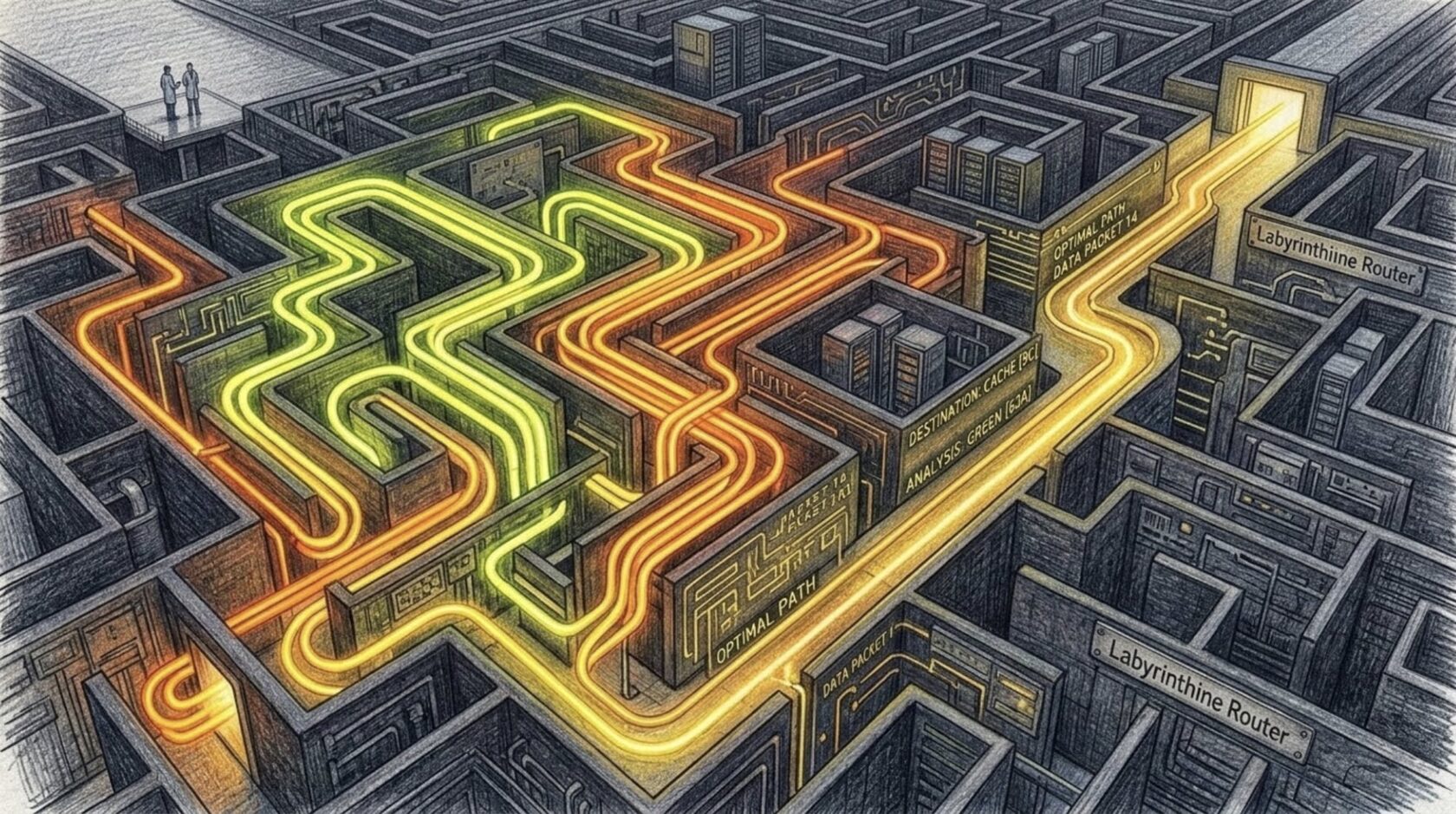Abstract representation of a labyrinth with bright yellow glowing pathways.