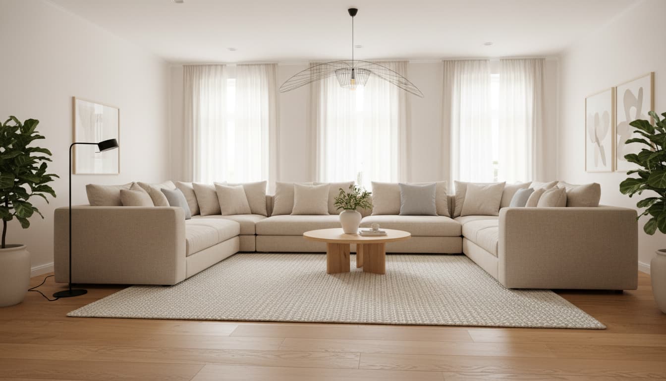 Светлая гостиная в стиле контемпорари с большим бежевым диваном, деревянным полом и текстурным ковром