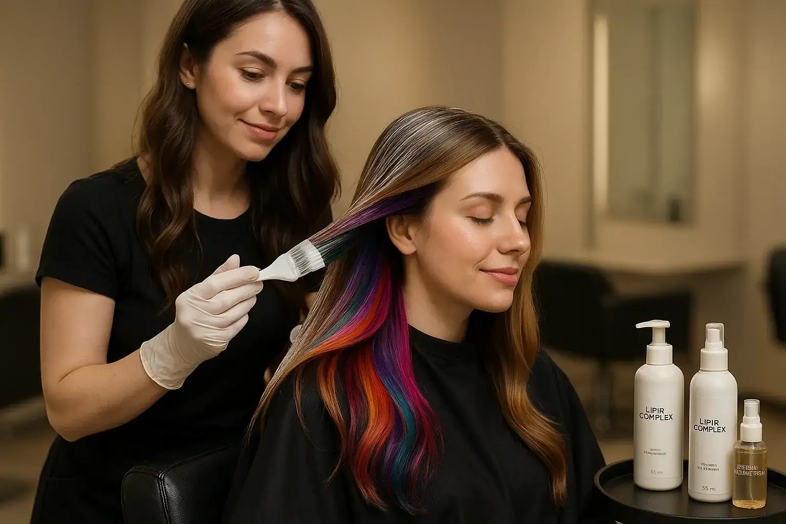 Мастер наносит уходовую маску на волосы после скрытого окрашивания