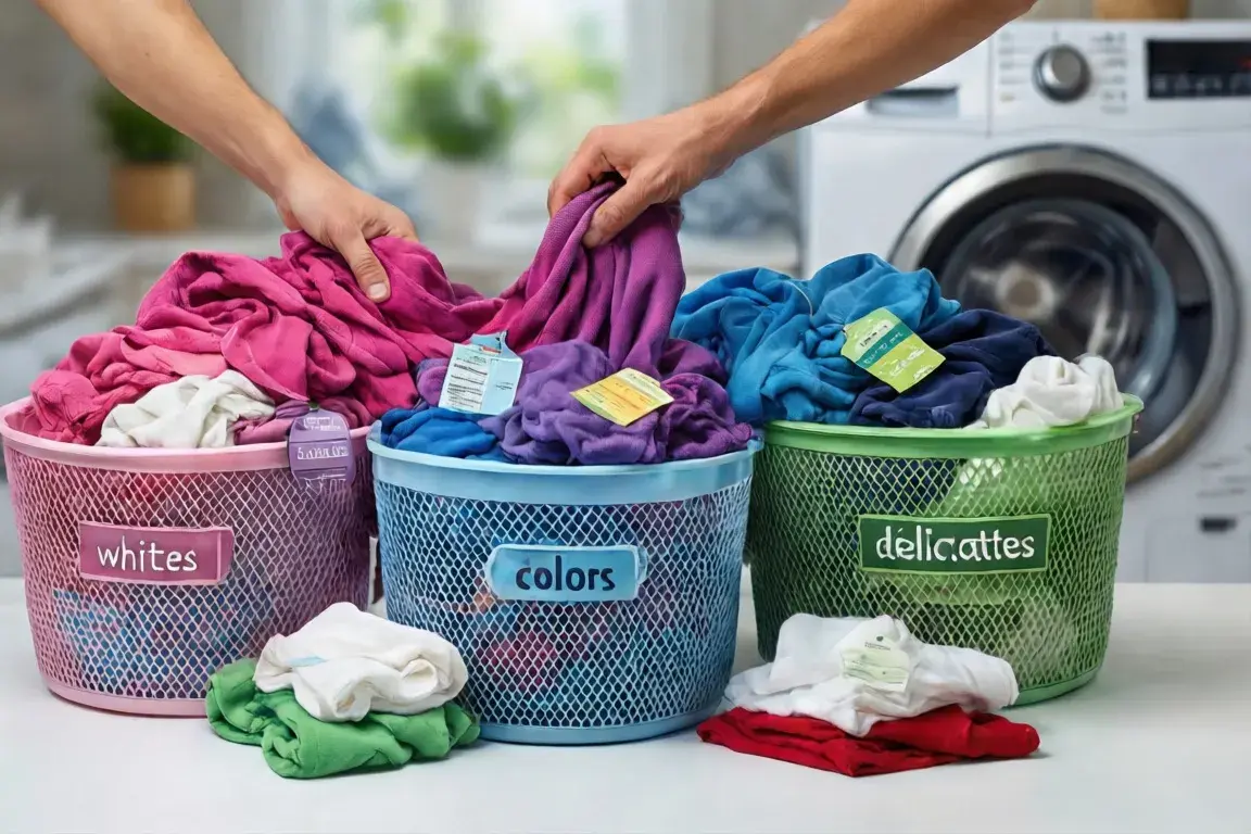 Hands sorting laundry into three baskets labeled 'whites', 'colors', 'delicates' with fabric care labels visible and a washing machine in the background