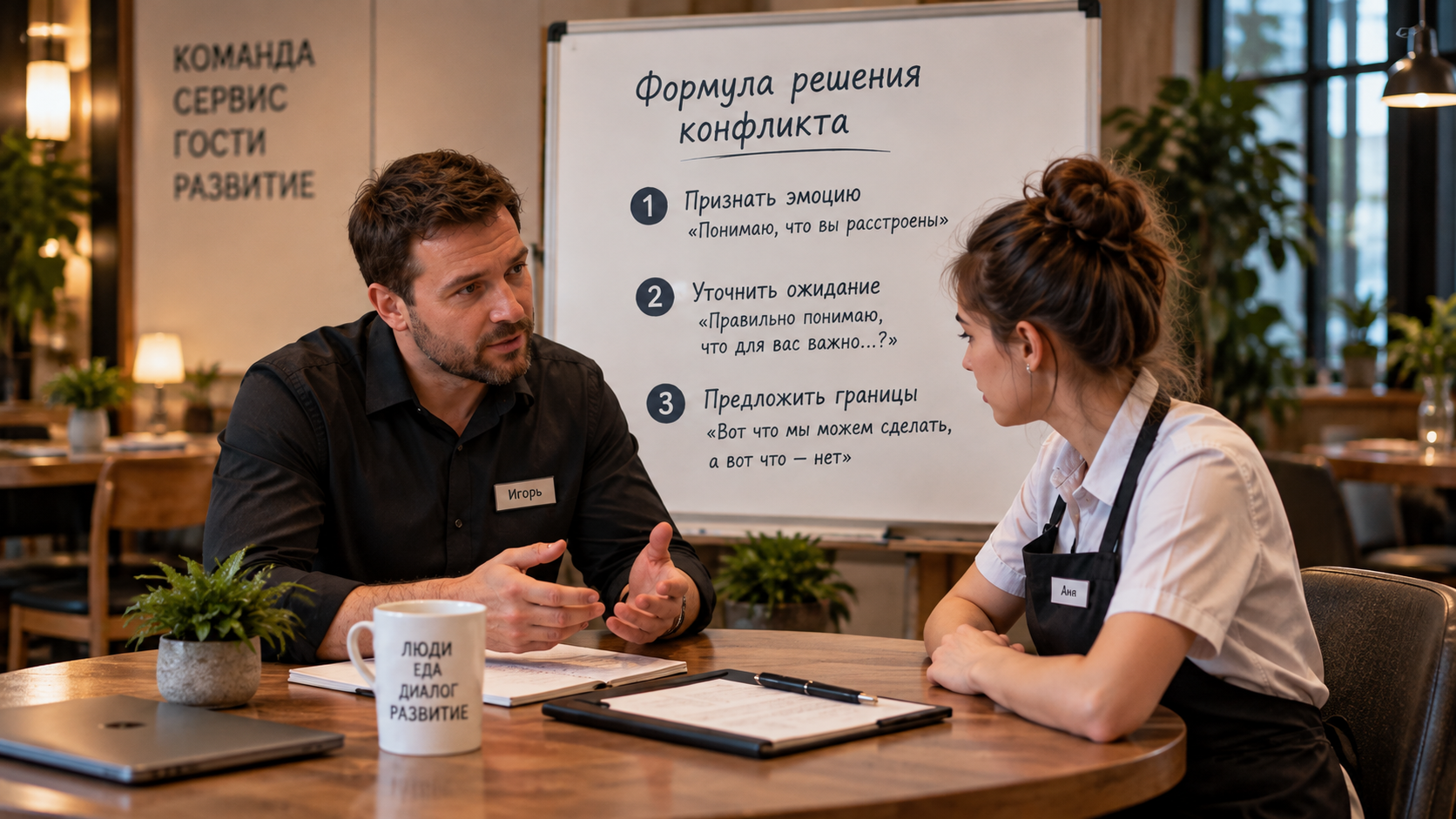 Игорь проводит пятиминутку с командой официантов перед сменой, разбирая на доске сценарий выслушать-уточнить-предложить решение