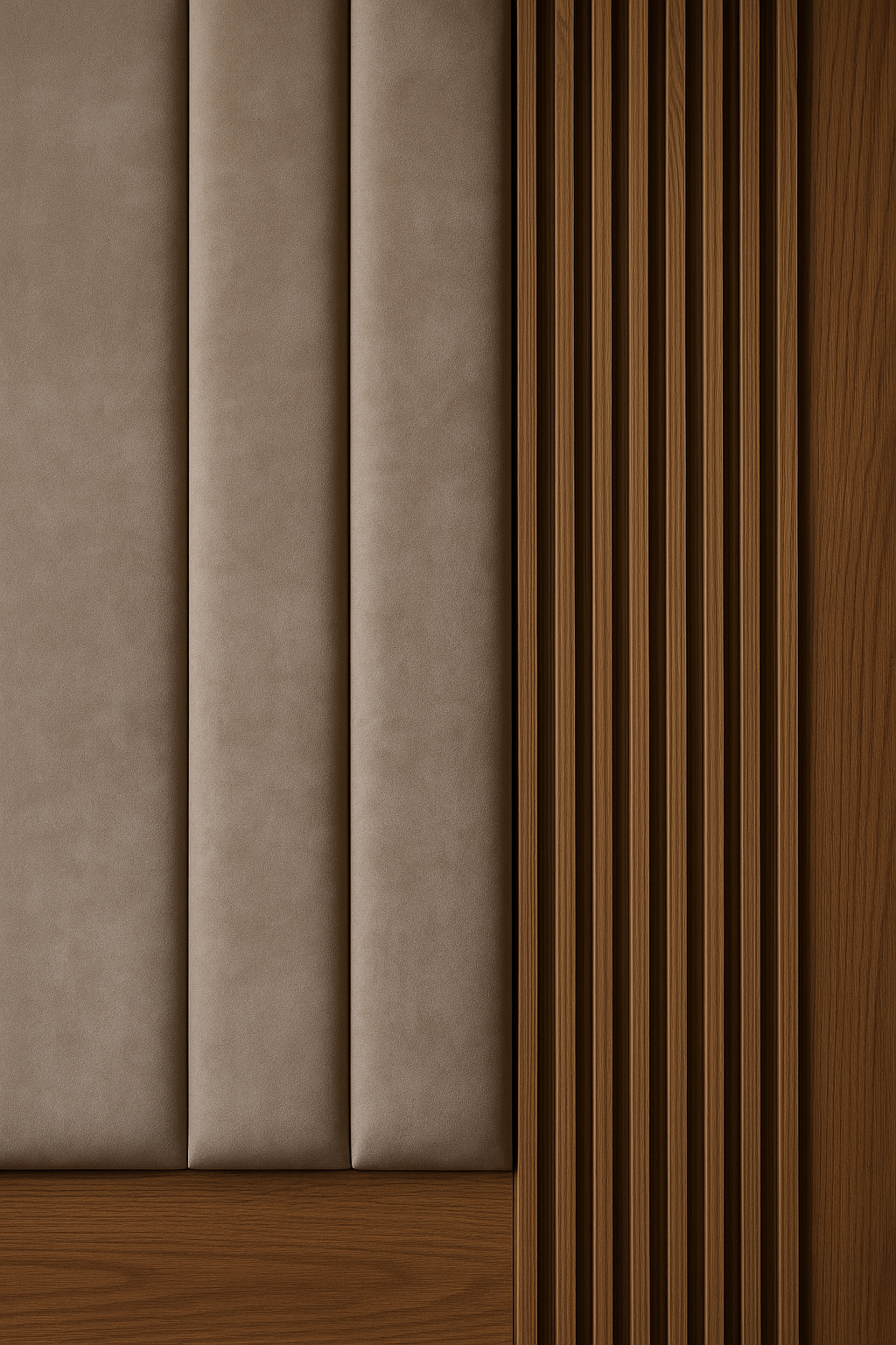 Комбинирование мягких стеновых панелей и деревянных реек — современный интерьерный тренд 2025 года. Бежевые мягкие панели рядом с деревянными рейками из шпона премиум-класса, стильное сочетание фактур и тепла.