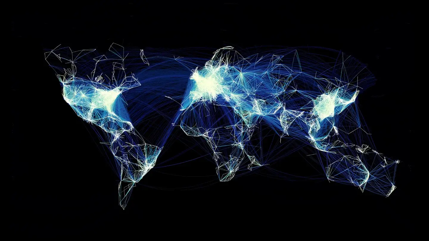 Карта интернет-коммуникаций между странами и регионами мира с линиями сетевых соединений