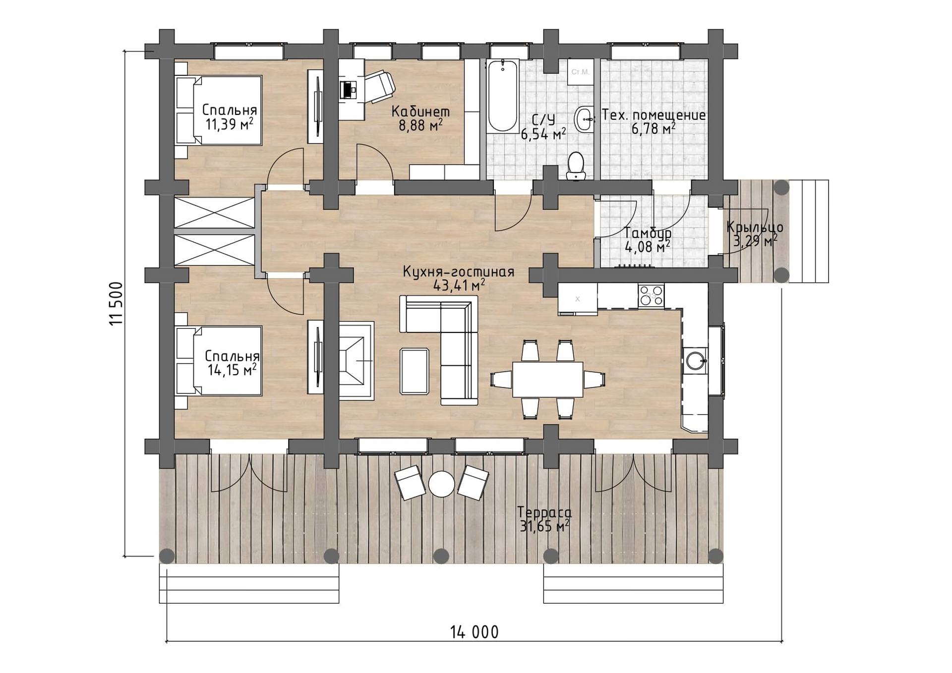 Проект дома из рубленного бревна 131 кв.м 11,5х14м | Белые озера