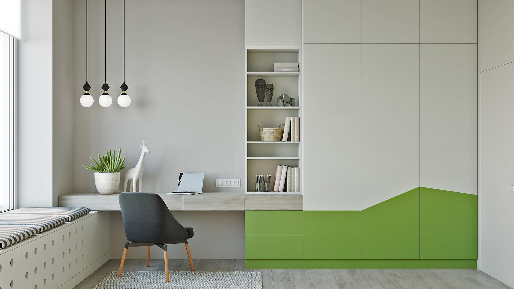 Chambre enfant lumineuse avec bureau intégré et placards verts et blancs