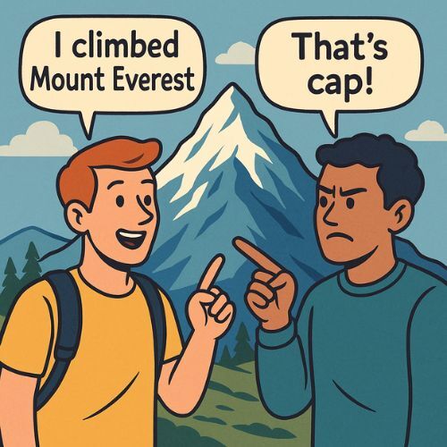 Комиксовая иллюстрация: один парень хвастается «I climbed Mount Everest», а другой отвечает «That’s cap!» — пример употребления cap в значении «враньё».