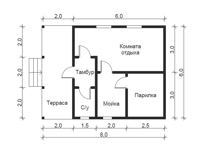 Проект бани из кирпича с комнатой отдыха и туалетом