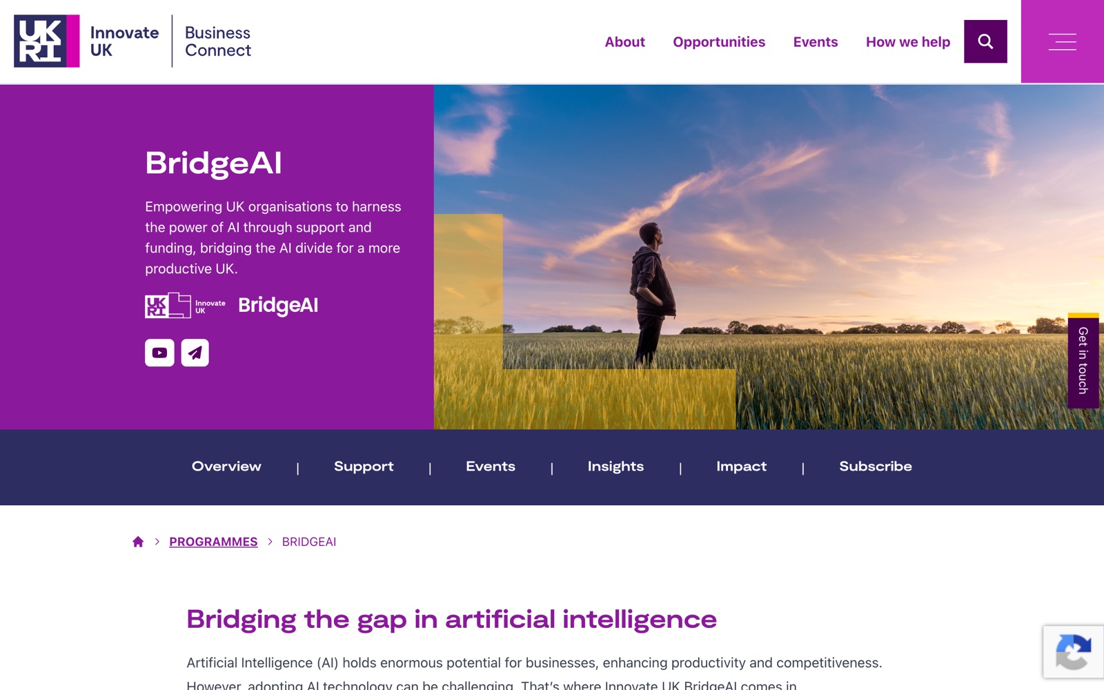 Innovate UK BridgeAI homepage screenshot: UK programme helping organisations adopt AI